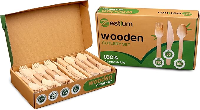 300 Pcs Disposable Wooden Cutlery Set (150 Forks, 50 Knives, 100 Spoons) โ Eco Pack, Wooden Premium Cutlery Utensils for Sustainable Living, Perfect for Picnics & Everyday Use by Zestium