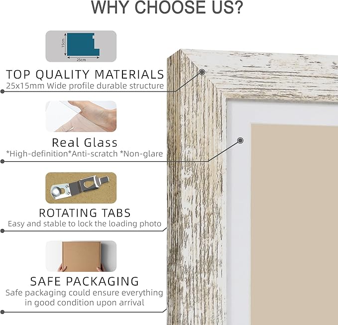 11x14 Picture Frame Set of 4, Made of Glass and Distressed White Wooden Frame, Display 8x10 Pictures with Mat or 11 x 14 Posters without Mat for Wall Mounting, Gallery Photo Frames