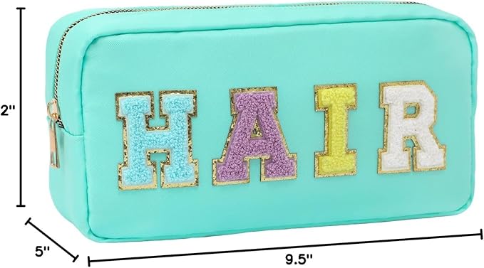 DYSHAYEN Nylon Cosmetic Bag Preppy Hair Makeup Bag for Women Travel Toiletry Organizer with Chenille Letter Patches (Mint-HAIR)