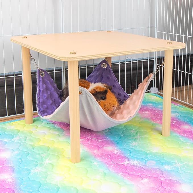 BESNEW Enlarged Guinea Pig Hammock with Wooden Stand,Small Animal Hanging Bed Large Platform for Guinea Pigs Bunny Ferret Hamster Hiding Sleeping 13L x 13W x 11H in