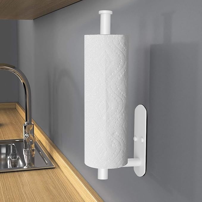 VAEHOLD Self Adhesive Paper Towel Holder Under Cabinet Mount, Wall Mounted Paper Towel Roll Holder for Kitchen, Bathroom, Wall - Stainless Steel (White)