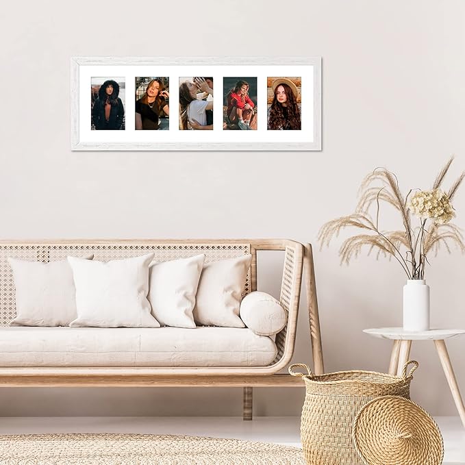 8x24 Collage frame with 5 Openings 4X6 Pictures, Multiple Picture Frame with Mat, Wall or Tabletop Decor, White Wood Grain,2 Pack