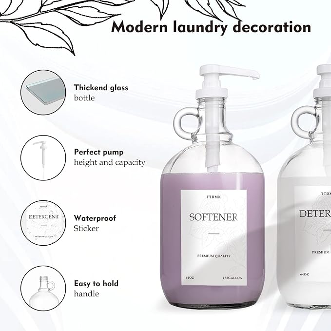 2 Pcs Glass Laundry Detergent Dispenser, Half Gallon Liquid Laundry Soap Dispenser for Laundry Room (64 oz. Each), Laundry Detergent Bottles with Pump Dispenser -Includes Labels, Funnel, Measuring Cup