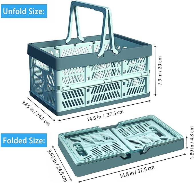Collapsible Plastic Storage Crate - 20L Folding Organizer Basket Portable Stacking Storage Crate Bin with Handle, for Camping, Picnic, Car Trunk, Home Storage (Blue, M)