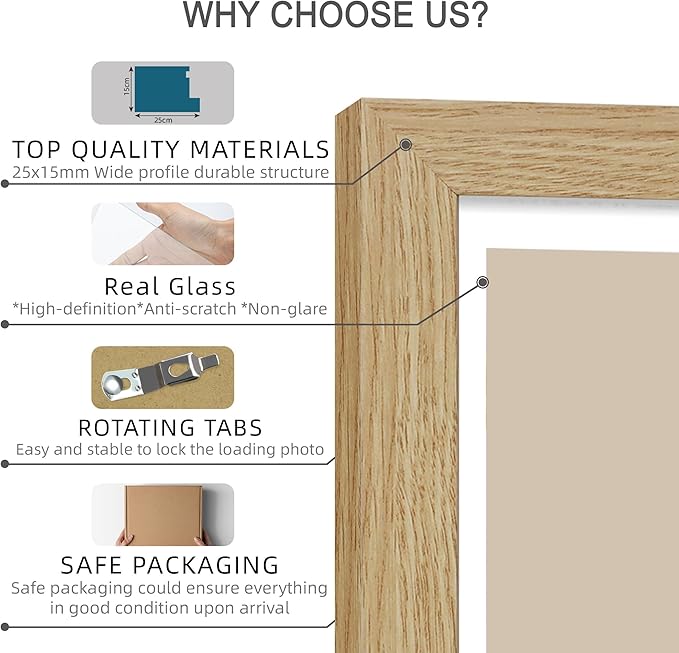 5x7 Picture Frame Set of 4, Made of Real Glass and Natural Oak Wooden Frame, 5 by 7 Photo for Wall or Tabletop - Display Picture 4x6 with Mat or 5x7 Without Mat