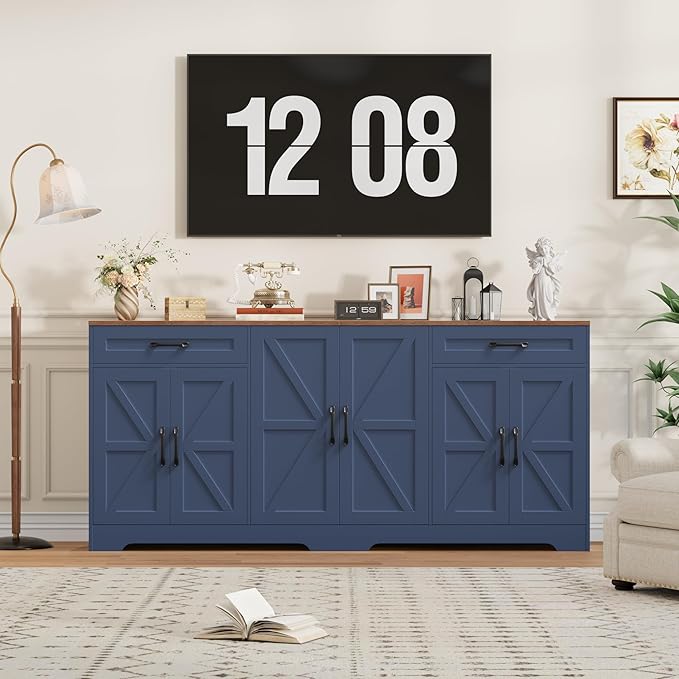 71” Large Sideboard Buffet Cabinet with Storage, Farmhouse Kitchen Buffet Cabinet with Adjustable Shelves and 6 Barn Doors, Wood Coffee Wine Bar Console Table for Kitchen, Dining Room, Navy Blue