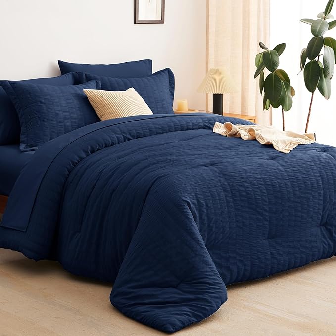 CozyLux Queen Comforter Set Navy Blue Seersucker 7 Pieces Bed in a Bag Queen Comforter Set with Sheets Luxury Soft Bedding Set with Down Alternative Comforter, Sheets, Pillowcases & Shams All Seasons