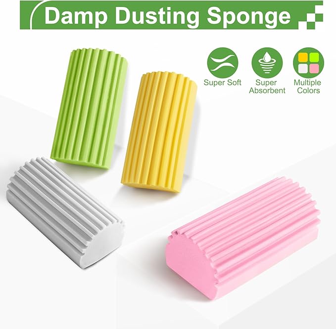 4-Pack Damp Clean Duster Sponge,Pink Damp Dusting Sponge,Duster Baseboard Cleaner Sponge with Ridges,Reusable Wet Duster Sponge,Household Cleaning Sponges for Blinds,Window Track Grooves