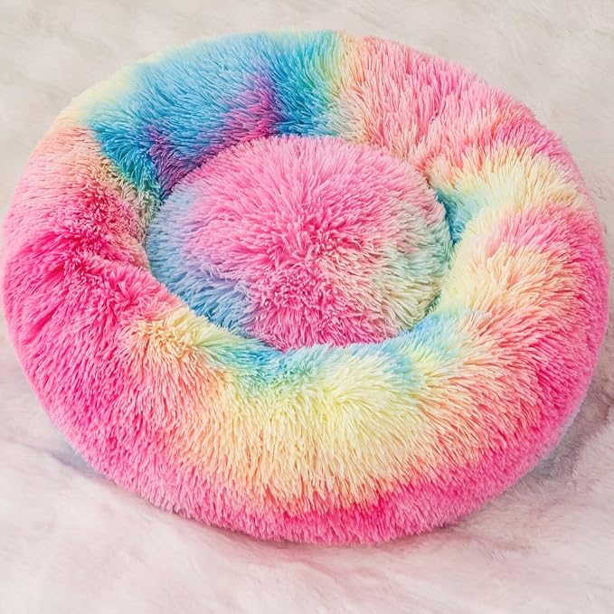 Donut Cat Bed for Indoor Cats,20" Rainbow Calming & Orthopedic Pet Bed - Plush Round Dog Bed with Non-Slip Bottom, Machine Washable for Cats, Small Dogs & Pets Up to 18lbs