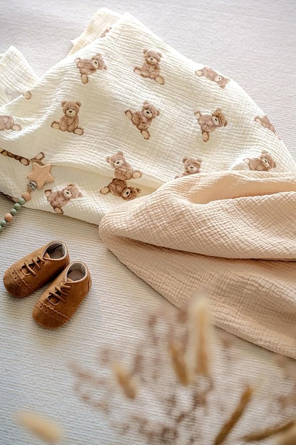 Little Jump 2-Pack Cotton Muslin Swaddle Blankets for Baby Boys Girls Unisex - Boho Teddy Bear Baby Blanket Nursery Swaddling Blankets- Large 47 x 47 inches Receiving Blanket Neutral (Teddy Bear)