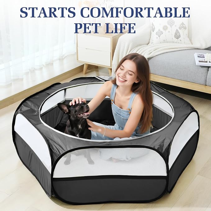 Pawaboo 2-in-1 Small Animals Playpen with Pad, Black+Gray | Waterproof, Reusable Pad, Portable Outdoor Yard Fence with 3 Metal Rod, For Chick/Kitten/Guinea Pig/Rabbits/Chinchillas