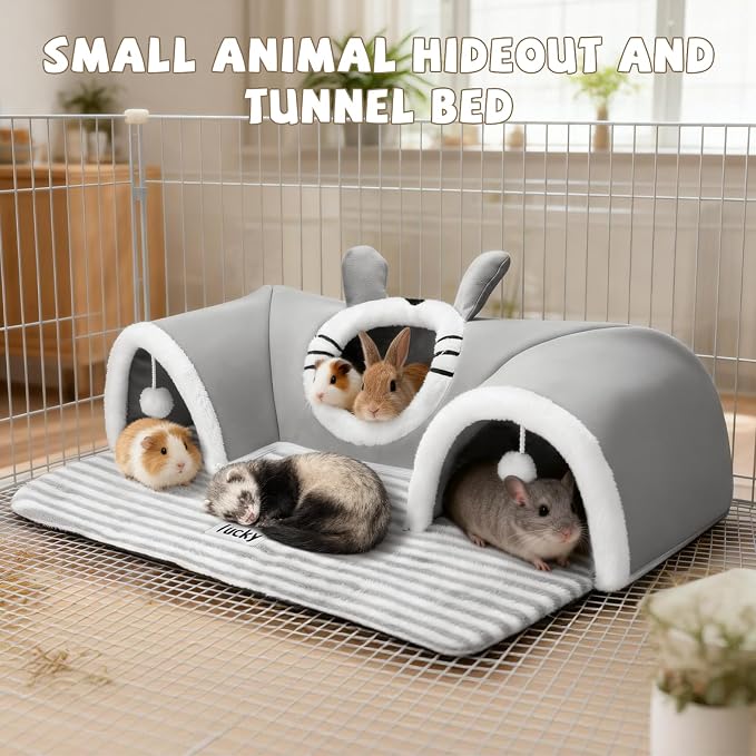 YUEPET 3-Way Bunny Tunnel Bed, Rabbit Tunnel for Indoor, Bunny Play Tunnel | Cozy Bunny Bed, Washable Rabbit Tunnels for Indoor Bunnies, With Removable Cushion, Anti-Slip Base, 29.5 x 21.7 in, Grey