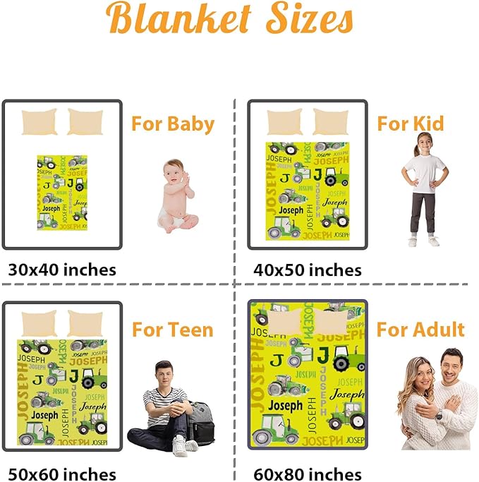 Personalized Tractors Blanket - Custom Name with Farm Tractor Trucks Design - Soft Plush Flannel Bed Blanket for Baby Kid Teen Boys Girls Customized Gifts Yellow