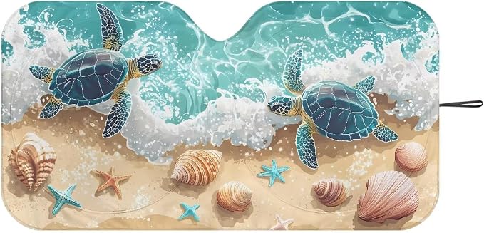 Sea Turtle Seashell Windshield Sun Shade Foldable Car Sun Shade Windshield for Front Window Block UV Rays Heat Protection Universal Fit for Most Cars SUV Keeps Your Vehicle Cool
