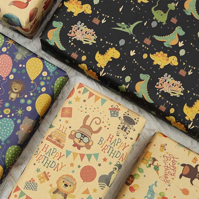 Geluode Birthday Wrapping Paper for Boys Kids Girls, Happy Animals Party Dinosaur Design Kraft Gift Wrap Paper, Happy Birthday Wrapping Paper 6 Sheets Folded Flat 20x28 inches per Sheet