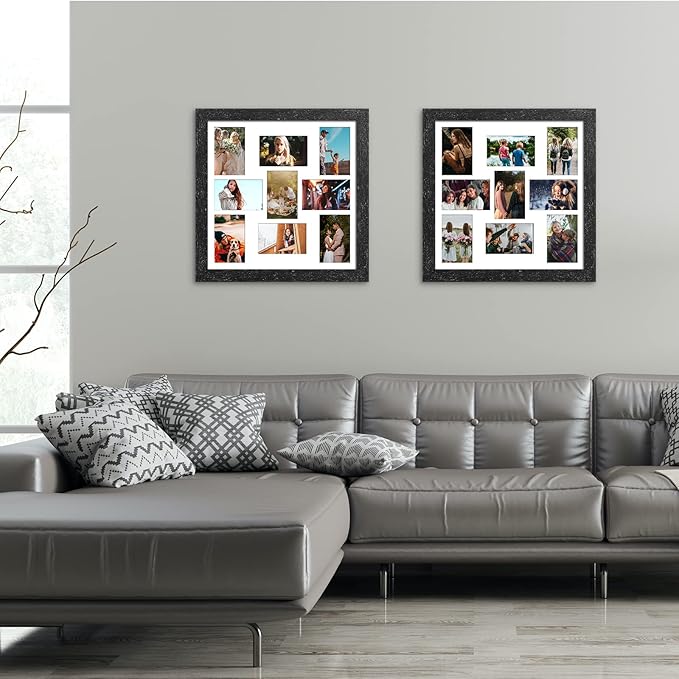 17x17 Picture Frame Display 9 opening 4X6 Picture Frame Collage,Multi Photo Frame with Mat,Plexiglass,Wall Mount Decor,Black Wood Grain