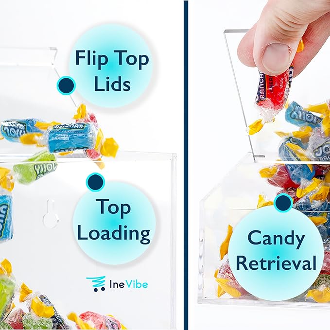Candy Dispenser - Bulk Acrylic Storage Holder with Two Lids for Countertop or Wall Mount - Store Chocolate, Treats, Sweets, and Snacks (2)