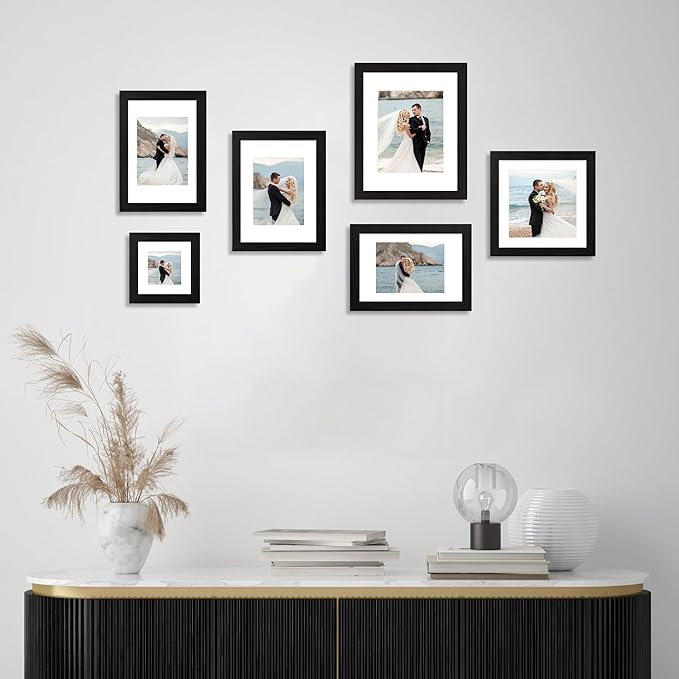 iRahmen 11x14 Picture Frame Set of 4 with Tempered Glass, Black Frame Display 8x10 Picture with Mat or 11 x 14 Without Mat, Rustic Wood Photo Frames for Horizontal or Vertical Wall Mounting