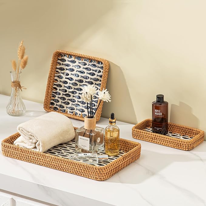 Set of 3 Rectangle Rattan Trays for Decor, Wicker Serving Tray Boho, Hand-Woven from Natural Rattan with Mother of Pearl Inlay, Vintage Woven Decorative Table Trays for Kitchen Counter, Dining Table