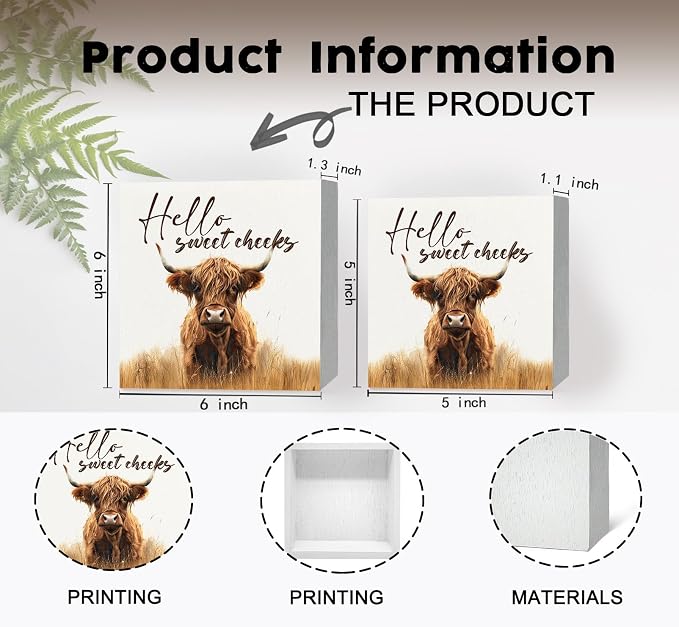 Highland Cow Bathroom Decor Sign, Hello Sweet Cheeks Wooden Box Signs, Highland Cow Gifts For Women Lovers,6x6