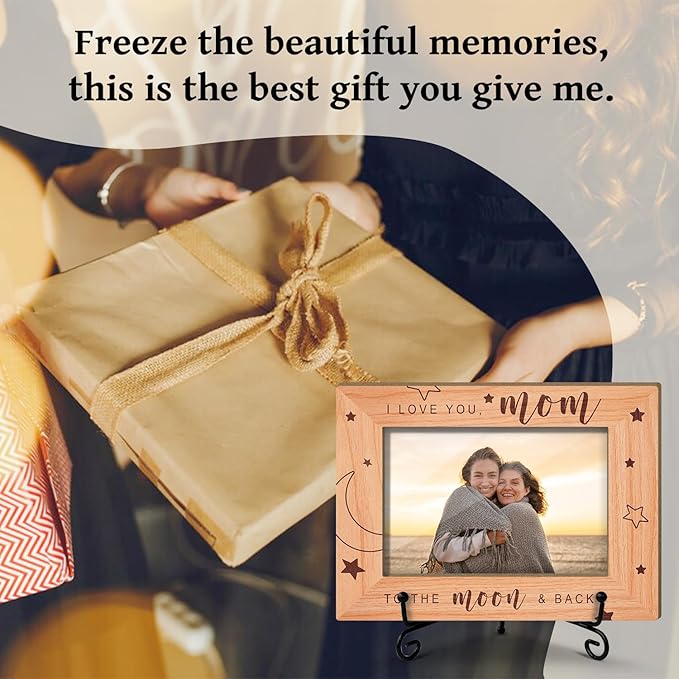 Mother Gifts - I Love You Mom To The Moon And Back - Wooden Photo Frame, Gifts For Christmas Halloween Tabletop Display 4x6 Photo Home Decor Party Decor Rustic Picture Frames With Stand for Mama -35