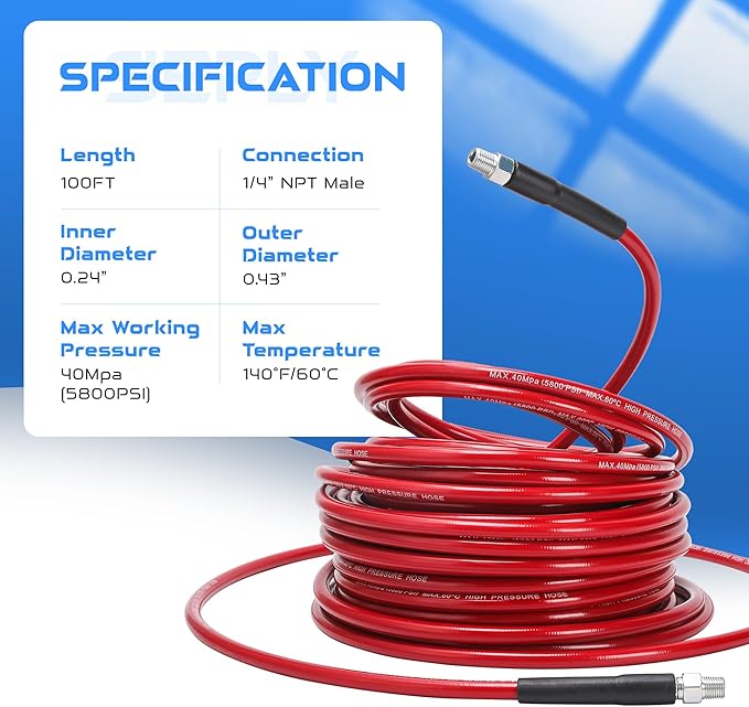 Sewer Jetter Kit for Pressure Washer 100 FT, Drain Cleaner Hose with Power Washer Gun, 1/4 Inch NPT Corner, Rotating and Button Nose Sewer Jetting Nozzle,Waterproof Tape, Pearl Corsage Pin, Spanner