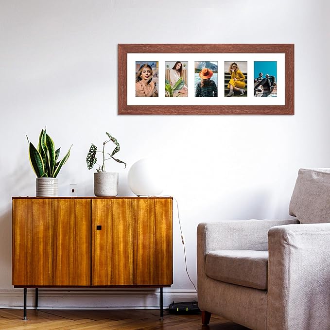 8x24 Picture Frame Display 5 opening 4X6 Picture Frame Collage,Multi Photo Frame with Mat,Plexiglass,Wall or Tabletop Decor,Walnut Wood Grain