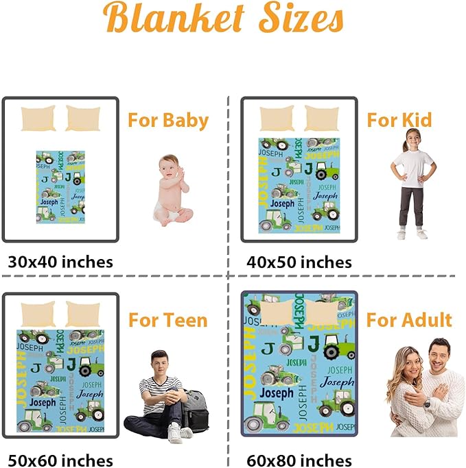 Personalized Tractors Blanket - Custom Name with Farm Tractor Trucks Design - Soft Plush Flannel Bed Blanket for Baby Kid Teen Boys Girls Customized Gifts Light Blue & Green