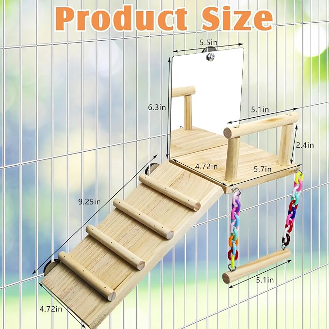 BNOSDM Bird Perch Platform with Mirror, Wooden Climbing Ladder for Parakeet, Small Bird Swing Toys Parrot Cage Accessories Budgie Playground for Cockatiel, Lovebirds, Conures, Finch