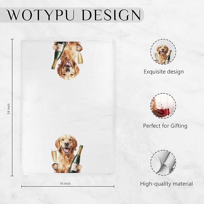 Golden Retriever Gifts Kitchen Bar Towels, Dog Lover Gifts Dish Tea Towel, Funny Golden Retriever with Champagne Decorative Hand Towels for Kitchen Bar Cart Decor, 16x24 Inch
