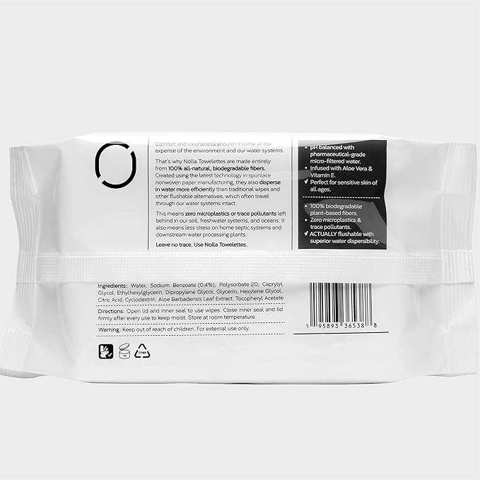 Nolla Flushable Wipes - 100% Plant-Based and Biodegradable - Soft, Unscented + Soothing Aloe and Vitamin E - For Adults and Kids 180 Count (3 Packs of 60)