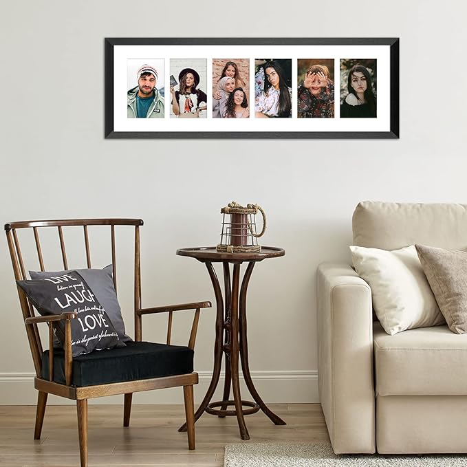 8x26 Collage frame with 6 Openings 4X6 Pictures, Multiple Picture Frame with Mat, Wall or Tabletop Decor, Black Wood Grain (1 Pack)