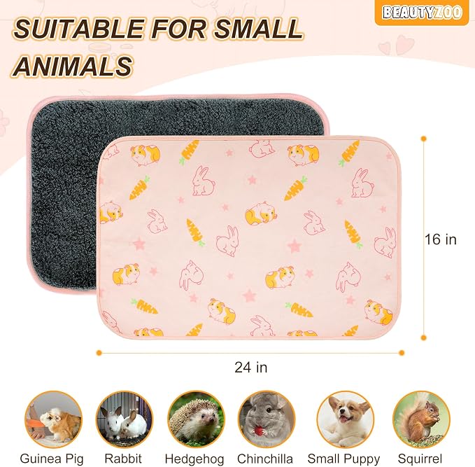 BEAUTYZOO 2Pack Washable Reversible Guinea Pig Cage Liners, Fleece Bedding | 16x24" Fleece Cage Liners, Waterproof Leakproof Super Absorbent Washable Reusable Pee Pads for Guinea Pig, Rabbit, Hamster