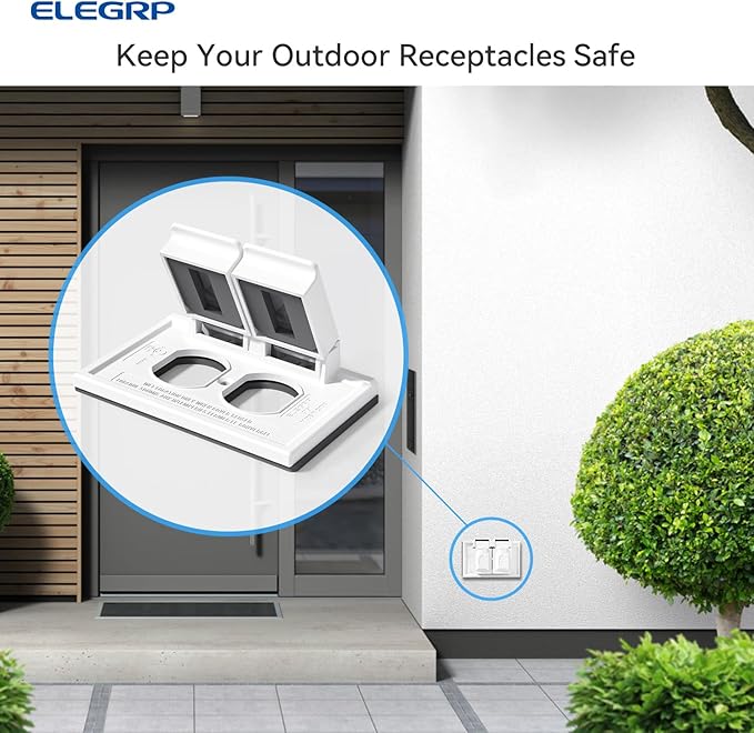 ELEGRP Horizontal Outdoor Cover for Duplex Receptacles, 2-Hole Weatherproof Wall Plate, Outdoor Electrical Outlet Cover, Standard Size 1-Gang 4.55” x 3.02”, Thermoplastic, 6 Pack, White