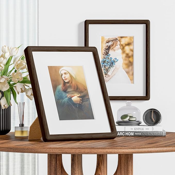 9x12 Picture Frame Natural Oak Wood From California-USA Walnut Color Finished with Real Tempered Glass, Handcrafted 9 x 12 Photo Frame Matted to 6x8 Wedding,Family,Graduation Picture on Table & Wall