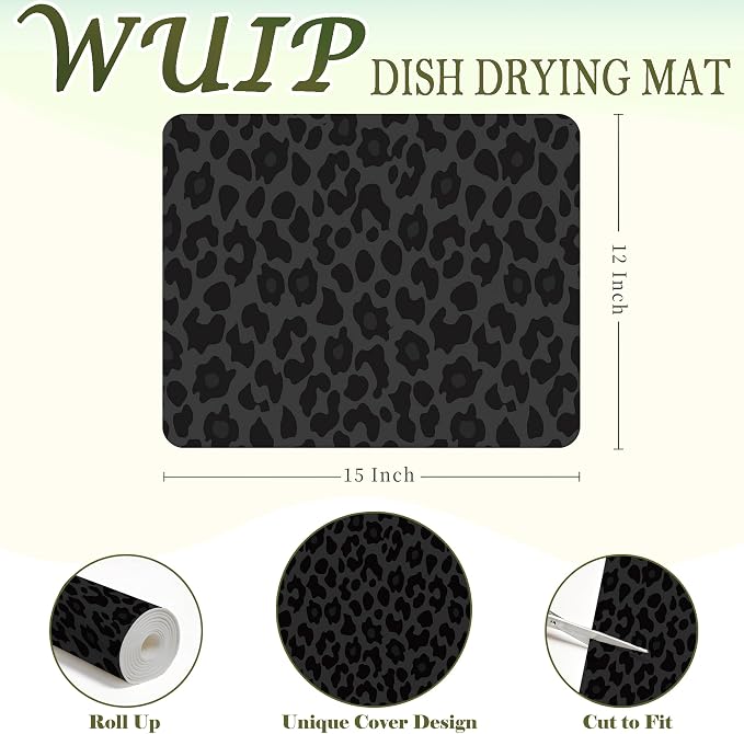 Black Leopard Print Dish Drying Mats for Kitchen Counter, Trendy Cheetah Animal Print Absorbent Reversible Coffee Bar Mat Drying Pad for Kitchen Decor, 12x15 Inch