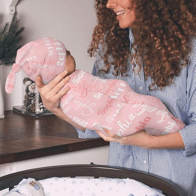 Swaddle Blanket with Hat Set Newborn Name Lettering Pink Receiving Soft Blankets Baby Swaddle Wrap Soft Sleep Sack for Baby Boys and Girls