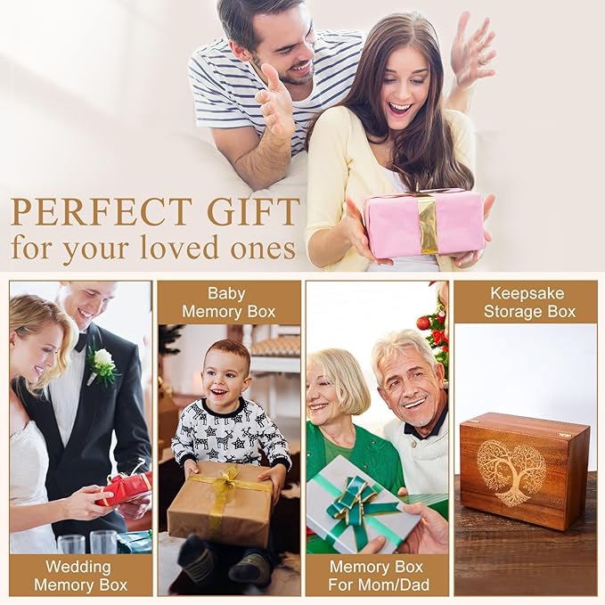 Large Wooden Keepsake Box with Hinged Lid and Photo Frame - Elegant Wedding Memory Box, Ideal for Photos, Letters, Time Capsules, Bride Gift, Love, Decorative Storage,5.5“*8.6”*11.3“