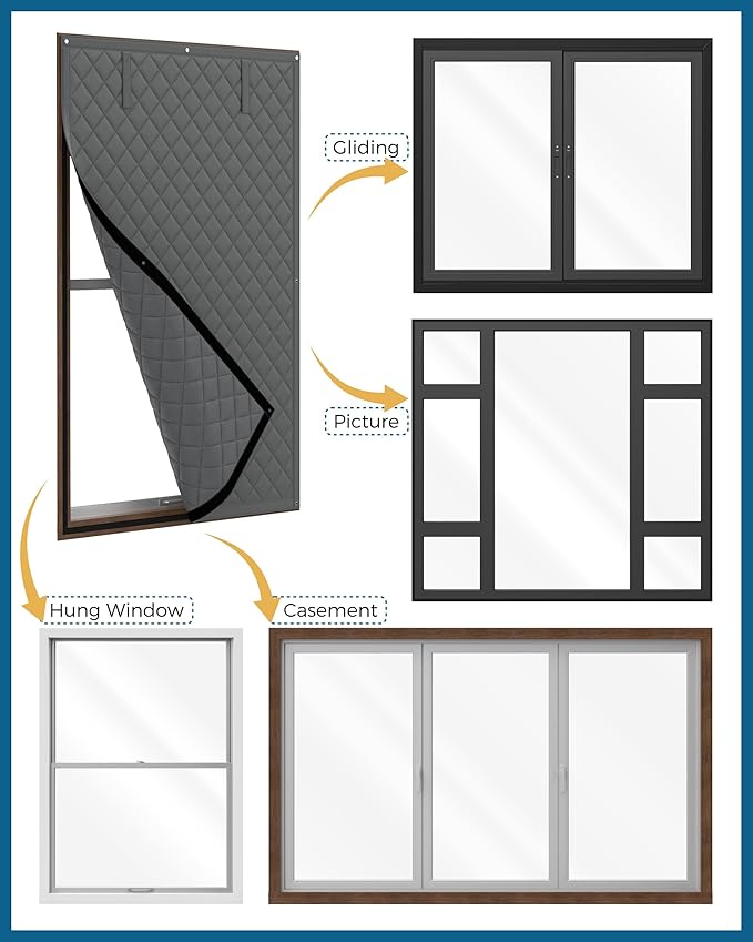Window Insulation for Winter, Curtain Size 38 x 62 Inch, Thermal Insulated Window Cover with Oxford Cloth Thicken Cotton Filled, Fits up to 3 x 5 Ft Windows, Grey