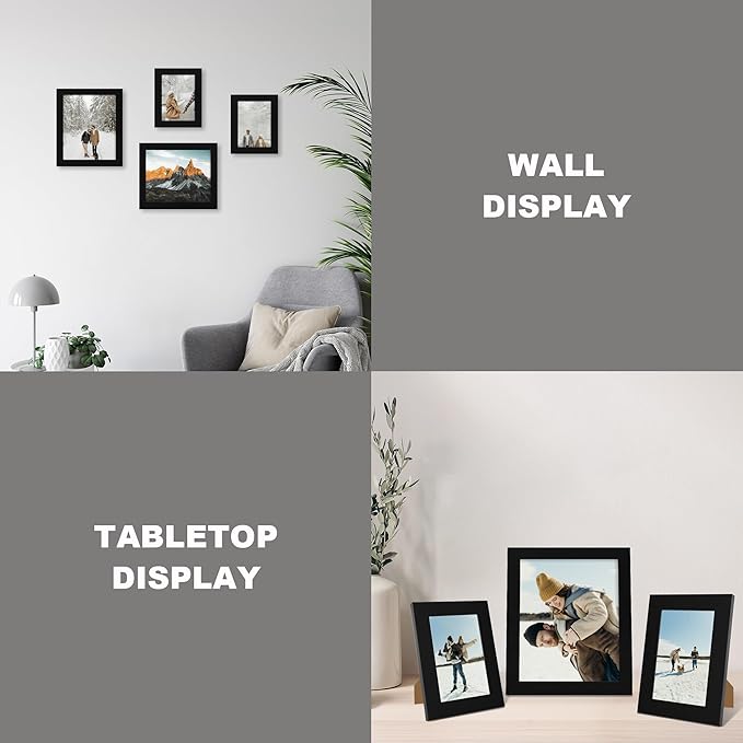 iRahmen 8x10 Picture Frame Set of 4, High Definition Glass Black Picture Frame, 8 x 10 Wood Rustic Photo Frames for Horizontal or Vertical Table Top and Wall Mounting