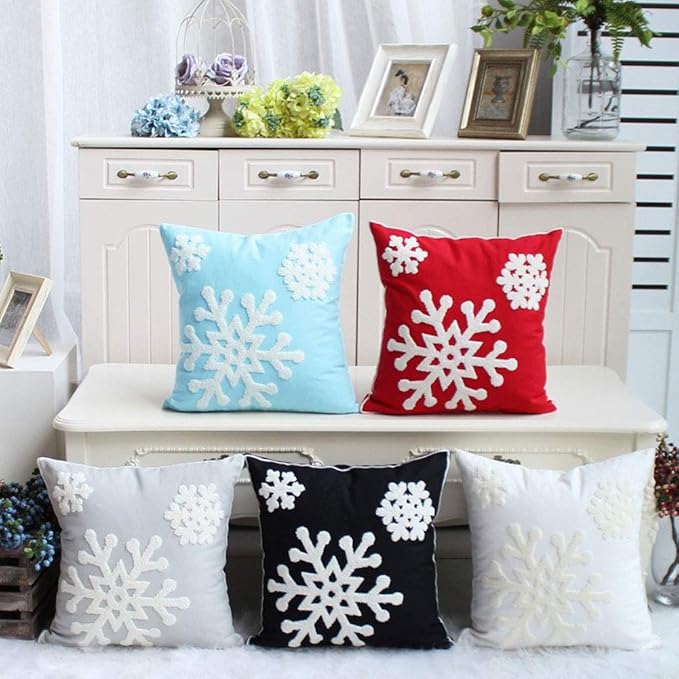 Elife Soft Square Christmas Snowflake Home Decorative Canvas Cotton Embroidery Throw Pillow Covers 18x18 Cushion Covers Pillowcases for Sofa Bed Chair (1 Pair, Red)