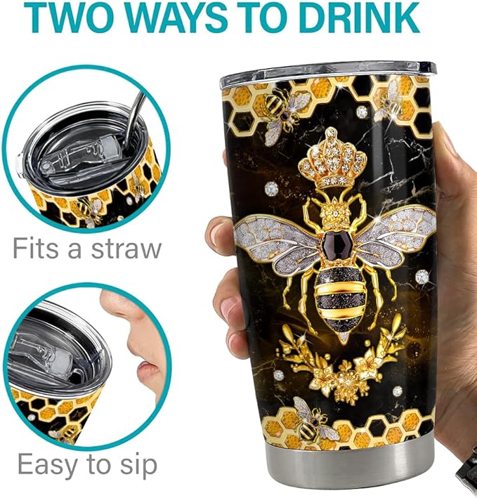 SANDJEST Bee Tumbler 20oz Stainless Steel Insulated Tumblers Coffee Travel Mug Cup Jewelry Drawings Style Bee Gifts for Women Girls Teen Gift for Birthday Christmas
