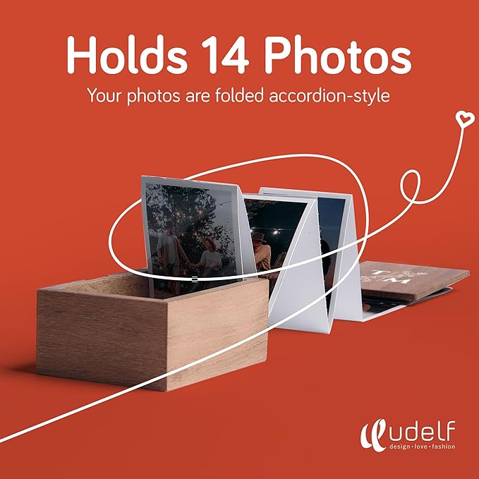 udelf Personalized Wooden Keepsake Box with Initials – 10 Pull-Out Photos, 3"x2", Wedding & Anniversary Memory Storage (Initial-Vertical)