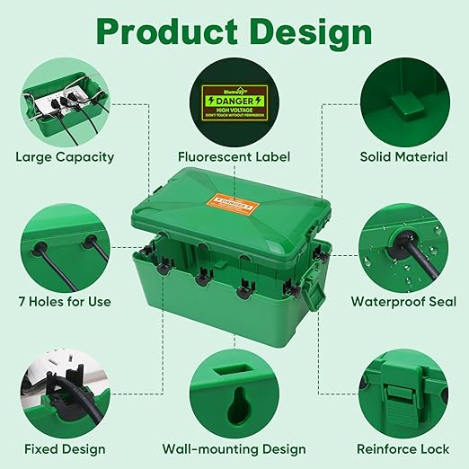 Blumway Large Outdoor Electrical Box (12.5x8.5x5 inch), IP54 Waterproof Outdoor Outlet Extension Cord Cover Weatherproof, Protect Outlet, Plug,Power Strip,Timer, Socket,Holiday Light (Green)