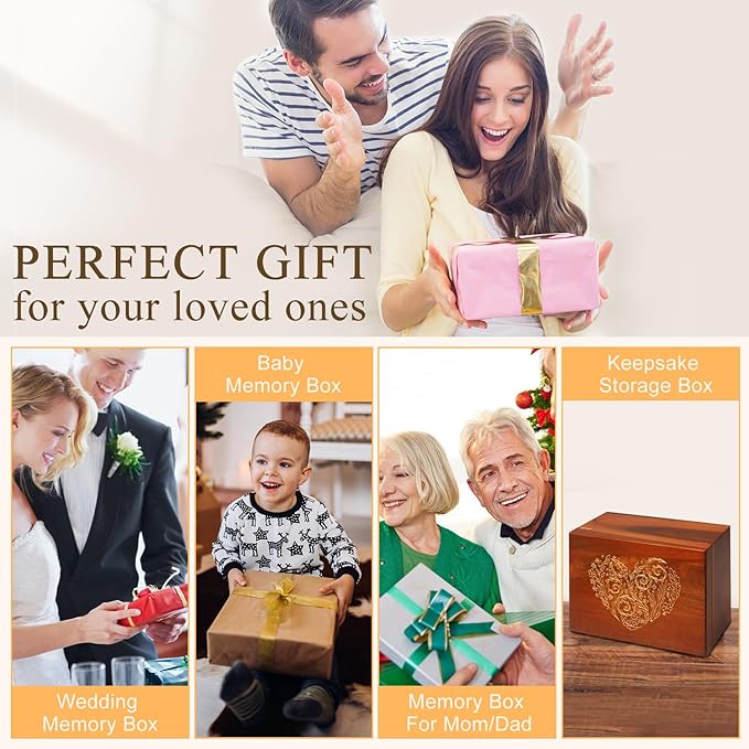 Large Wooden Keepsake Box with Hinged Lid and Photo Frame - Elegant Wedding Memory Box, Ideal for Photos, Letters, Time Capsules, Bride Gift, Decorative Storage,5.5“*8.6”*11.3“