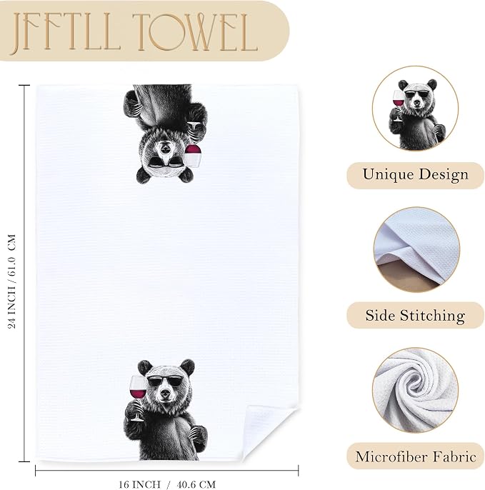 Funny Bear Wine Kitchen Towels, Black Bear Gifts Dish Tea Towels for Kitchen Decor, Bar Towel for Bartender Kitchen, Wine Lover Gift, 16x24 Inch