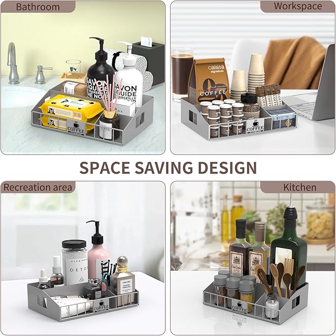 Metal Coffee Station Organizer for Countertop - Coffee Bar Organizer with Designable DIY Logo, K Cup Pods Holder & Tea Condiment Storage - Rustic Breakroom Kitchen Decor in Silver (1 Pcs)