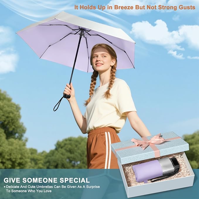 LEAGERA Mini Umbrella For Purse - UPF 50+ UV Blocker Sun Protection Umbrella, Small Micro Travel Parasol Design for Women, Purple