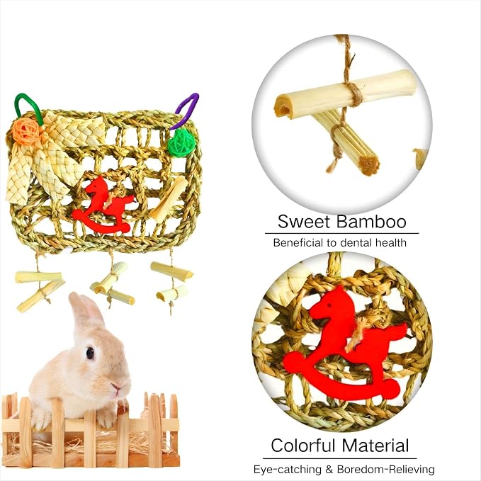 Rabbits Chew Toy, Bunny Cage Hanging Chew Toys and Treats | Grass With Sweet Bamboo, For Guinea Pigs, For Chinchillas, For Hamsters, For Rats