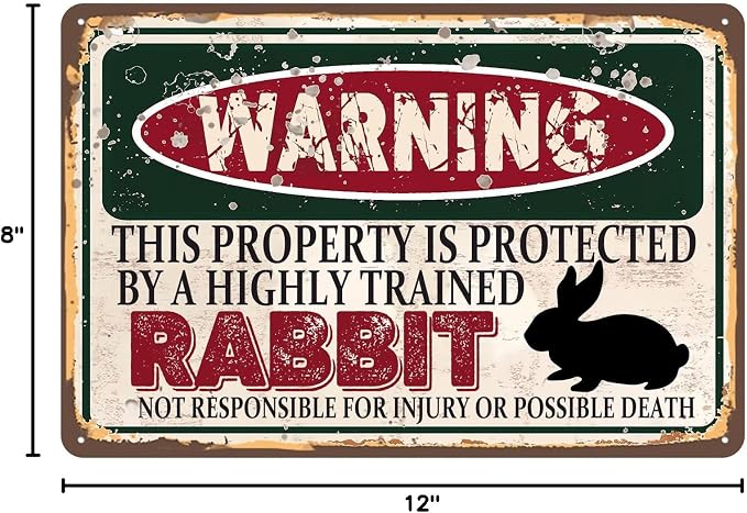 Vintage Rabbit Metal Sign Wall decor | Warning this property is protected by a highly trained Rabbit Sign Funny Tin Signs 12x8 Inch